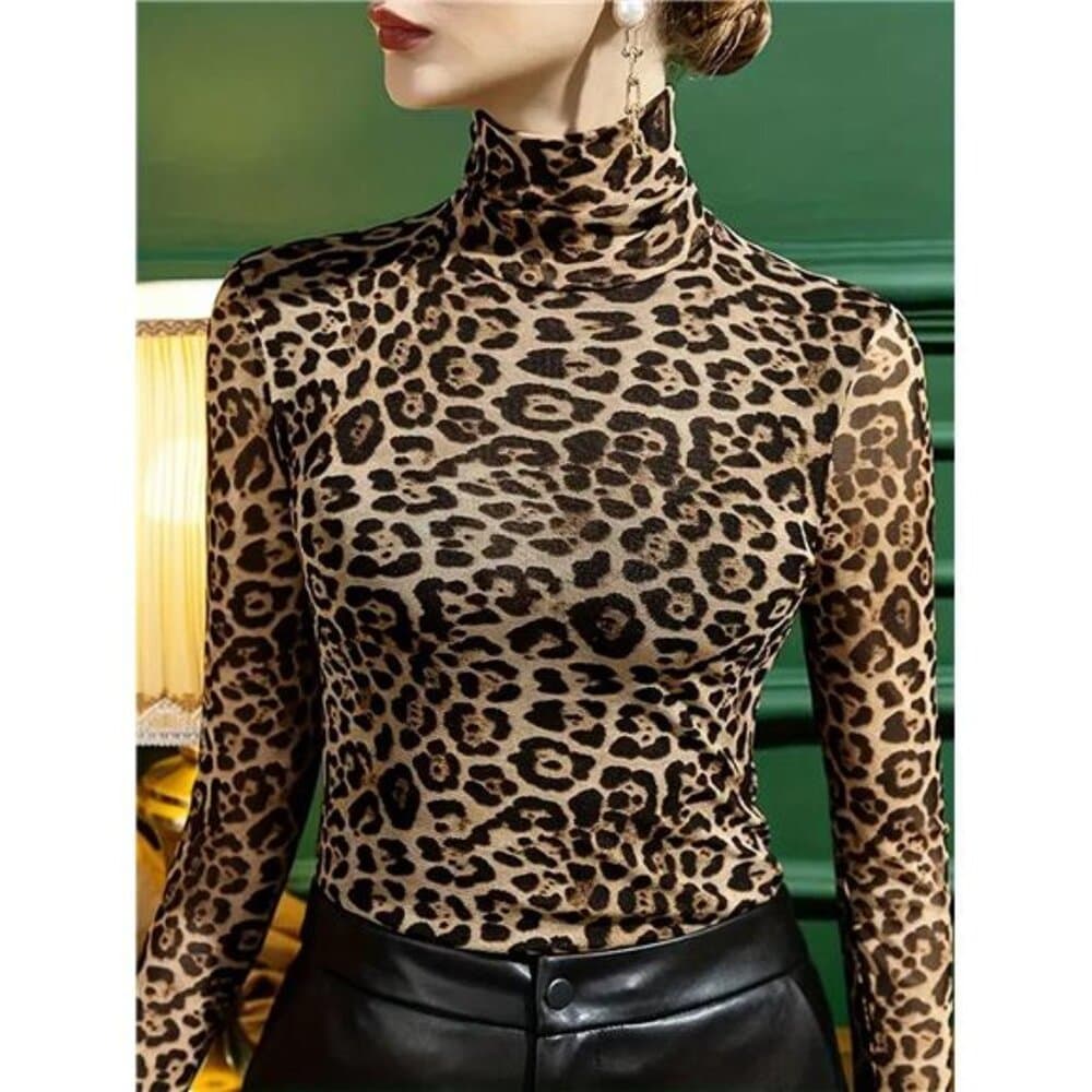 Women's Leopard Print Turtleneck T-Shirt Graphic Cheetah Print Tees - Thumbnail 2