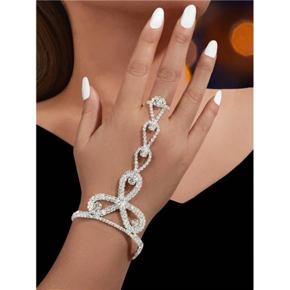 Glamorous Rhinestone Decor Silver Bracelet With Ring Hand Harness Prom - Thumbnail 4