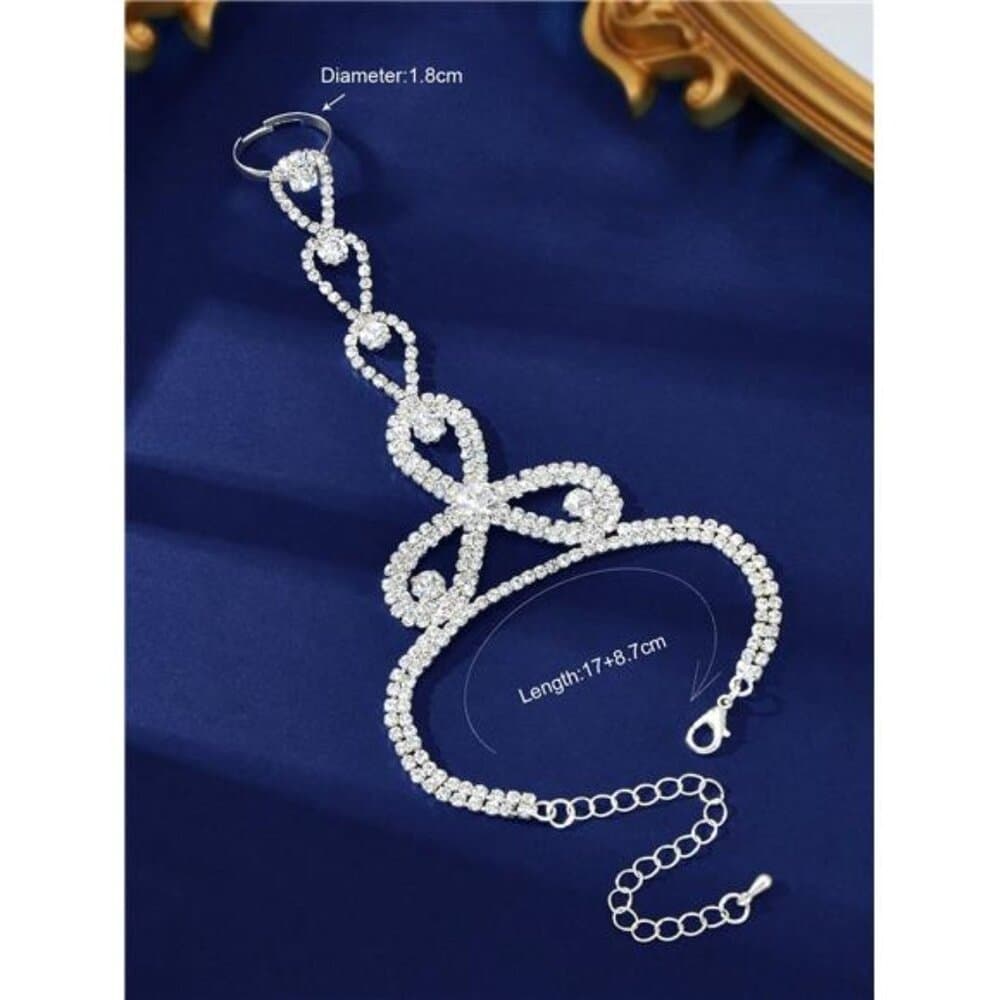 Glamorous Rhinestone Decor Silver Bracelet With Ring Hand Harness Prom - Thumbnail 3