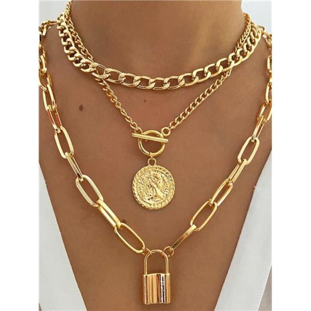 3pcs/Set Multi-Layer Coin & Padlock Pendant Necklace For Women Ot Clasp Thick
