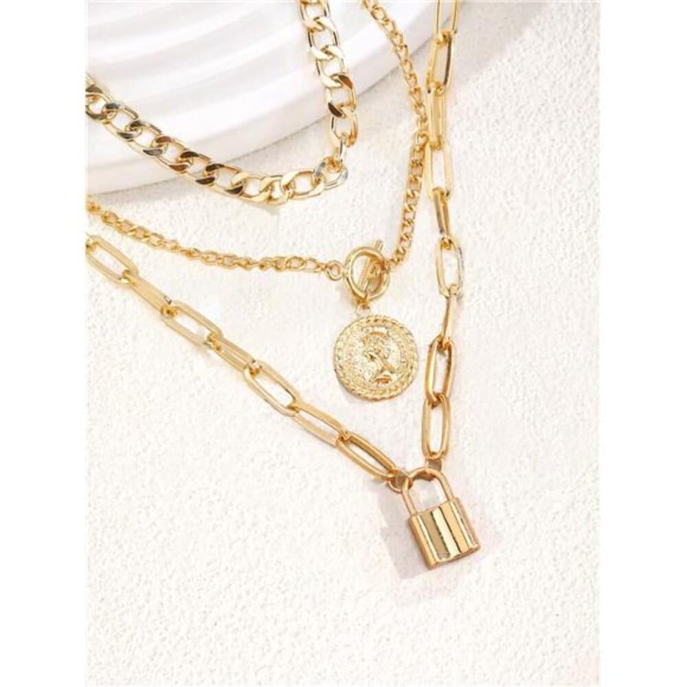 3pcs/Set Multi-Layer Coin & Padlock Pendant Necklace For Women Ot Clasp Thick - Thumbnail 2