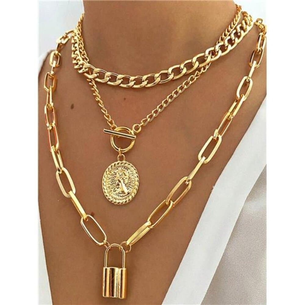 3pcs/Set Multi-Layer Coin & Padlock Pendant Necklace For Women Ot Clasp Thick - Thumbnail 7