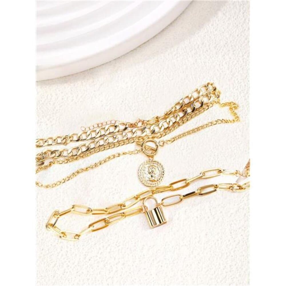3pcs/Set Multi-Layer Coin & Padlock Pendant Necklace For Women Ot Clasp Thick - Thumbnail 3