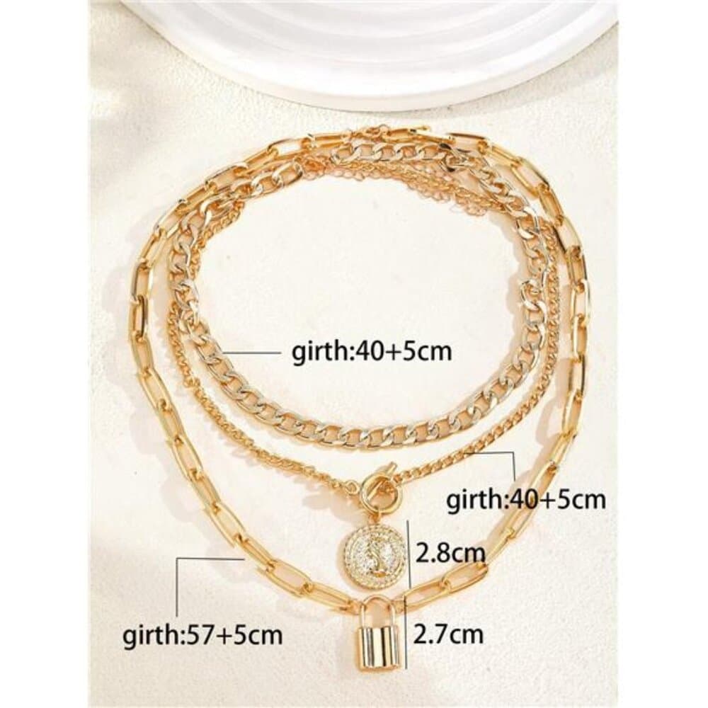 3pcs/Set Multi-Layer Coin & Padlock Pendant Necklace For Women Ot Clasp Thick - Thumbnail 4