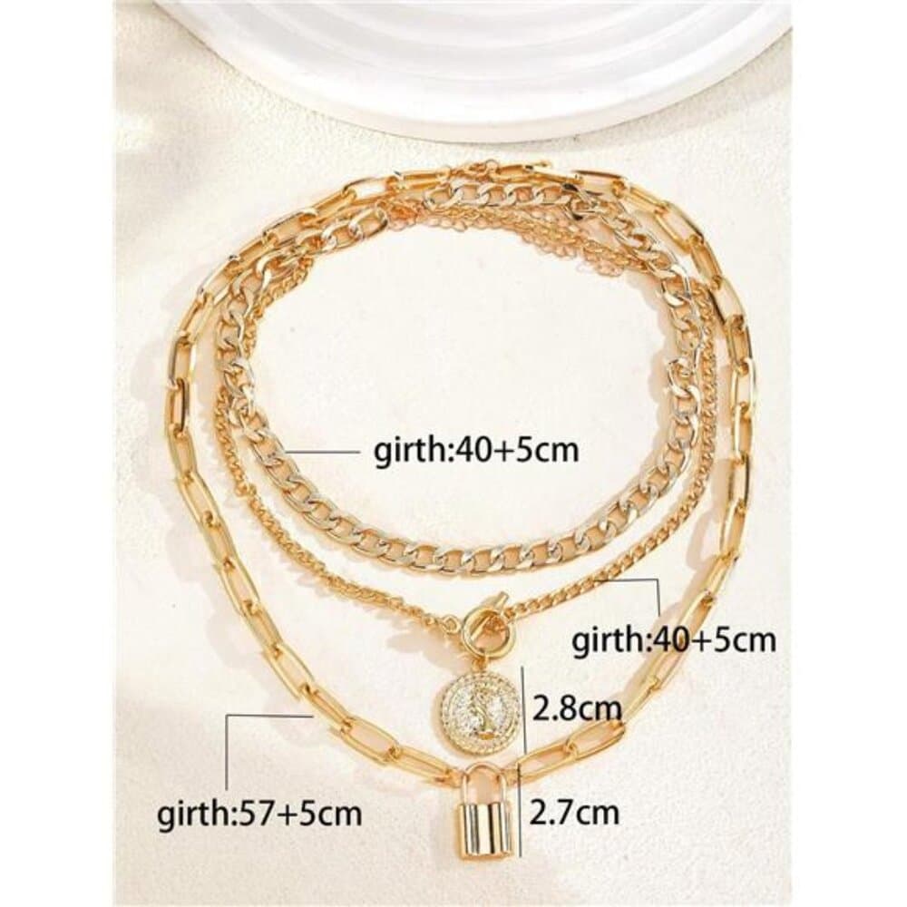 3pcs/Set Multi-Layer Coin & Padlock Pendant Necklace For Women Ot Clasp Thick - Thumbnail 6