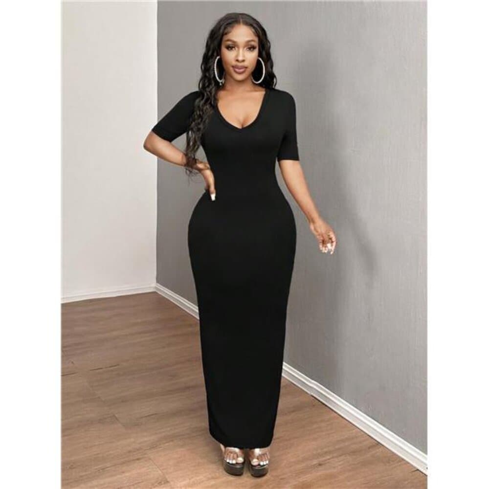 Women's Solid V-Neck Bodycon Short Sleeve Dress Hoco Dresses,Summer - Thumbnail 5