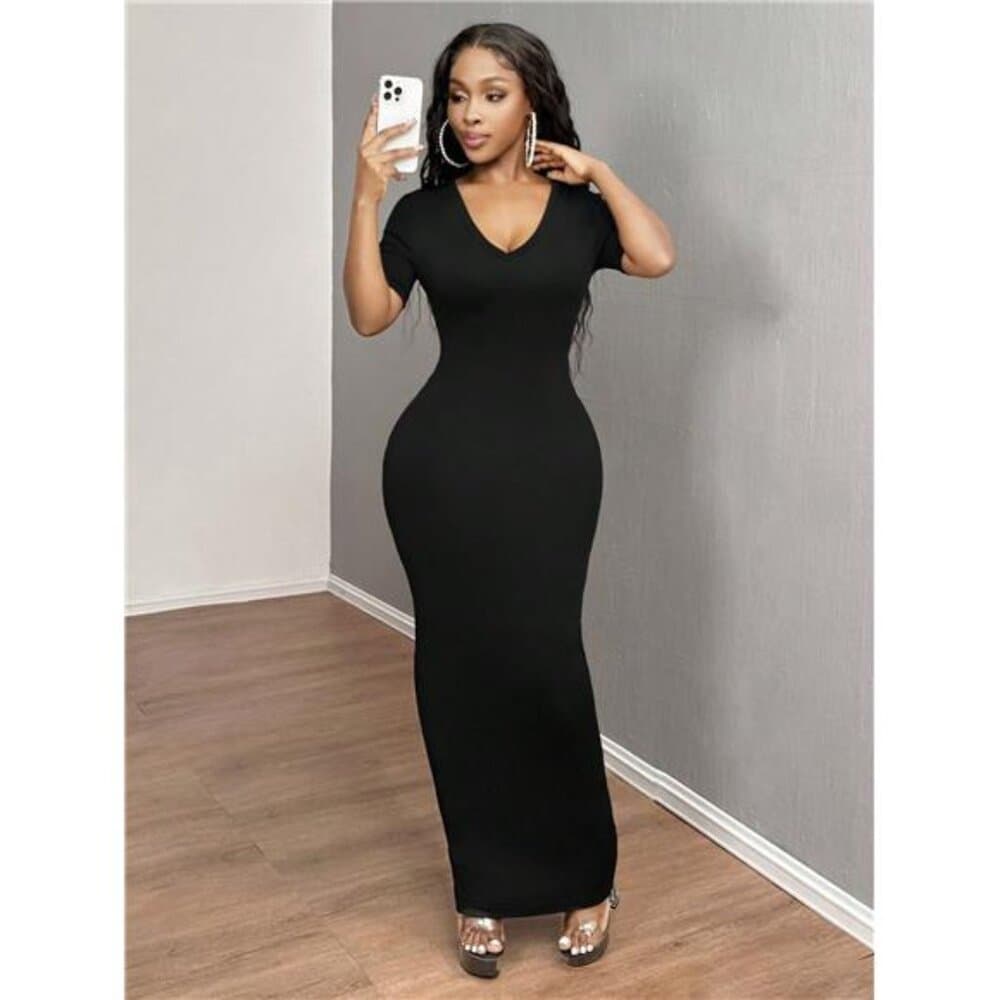 Women's Solid V-Neck Bodycon Short Sleeve Dress Hoco Dresses,Summer - Thumbnail 2