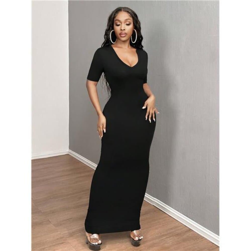 Women's Solid V-Neck Bodycon Short Sleeve Dress Hoco Dresses,Summer - Thumbnail 6