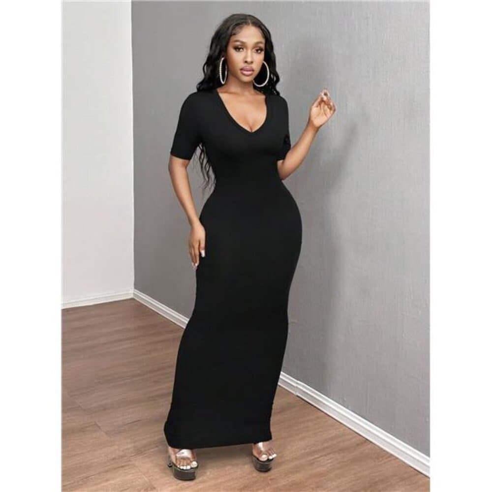 Women's Solid V-Neck Bodycon Short Sleeve Dress Hoco Dresses,Summer - Thumbnail 4
