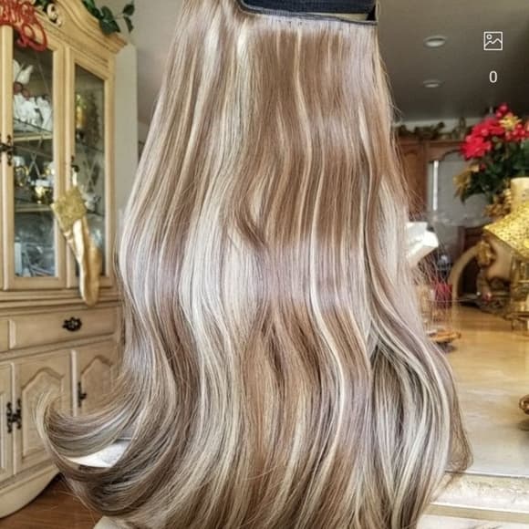 Brown Blonde 20" long synthetic straight hair extensions halo wire fish line - Thumbnail 9