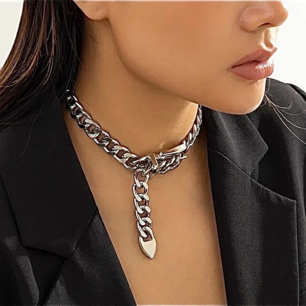 Silver Belt Buckle Choker, Chain Link, Exaggerated, Statement Necklace, Trendy - Thumbnail 3