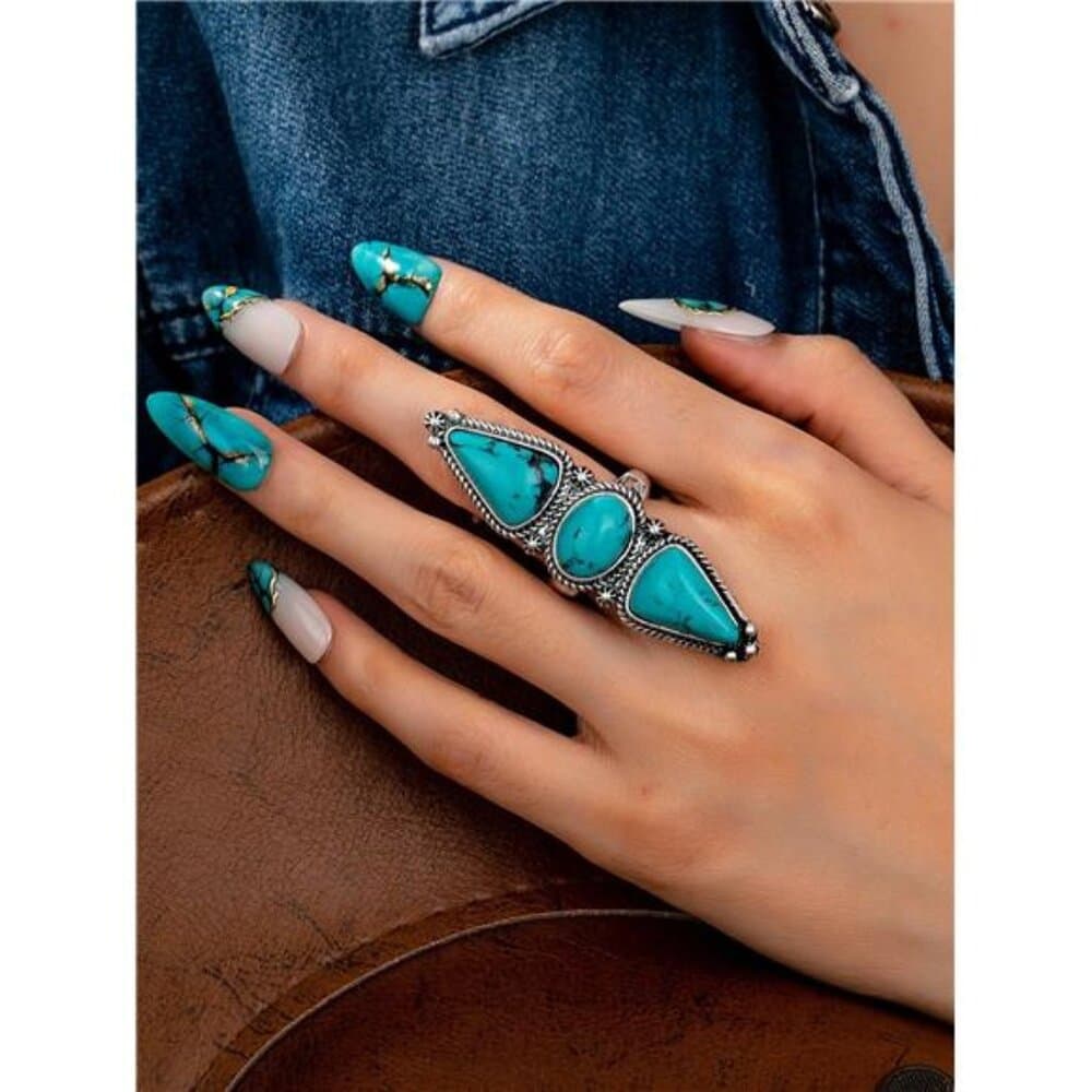 1 Pc Blue Turquoise Stone Decor Statement Ring For Women , Boho Bohemia Rings , - Thumbnail 3