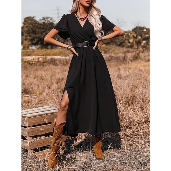 SHEIN X Stagecoach Surplice Front Split Thigh A-line Dress Without Belt - Thumbnail 12