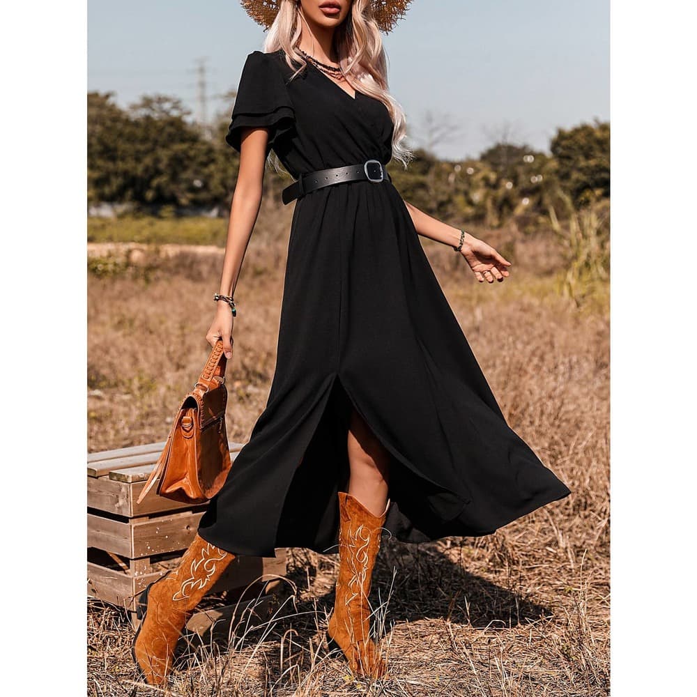 SHEIN X Stagecoach Surplice Front Split Thigh A-line Dress Without Belt - Thumbnail 9
