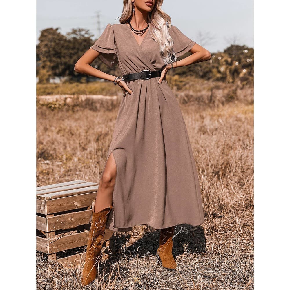 SHEIN X Stagecoach Surplice Front Split Thigh A-line Dress Without Belt - Thumbnail 3