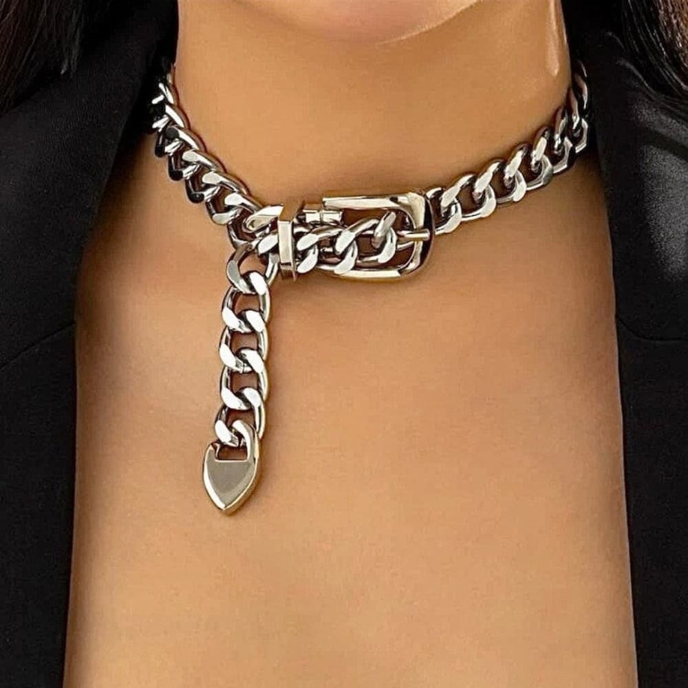 Silver Belt Buckle Choker, Chain Link, Exaggerated, Statement Necklace, Trendy - Thumbnail 6