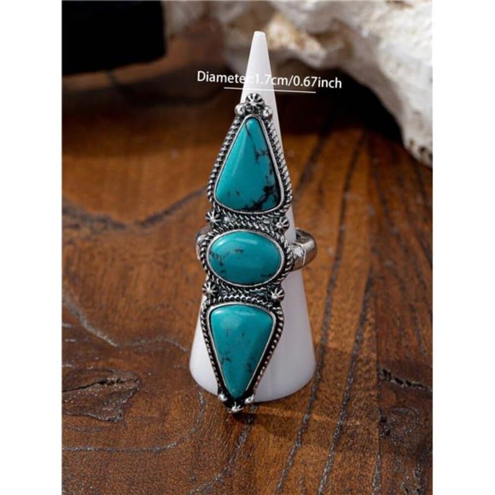 1 Pc Blue Turquoise Stone Decor Statement Ring For Women , Boho Bohemia Rings , - Thumbnail 2