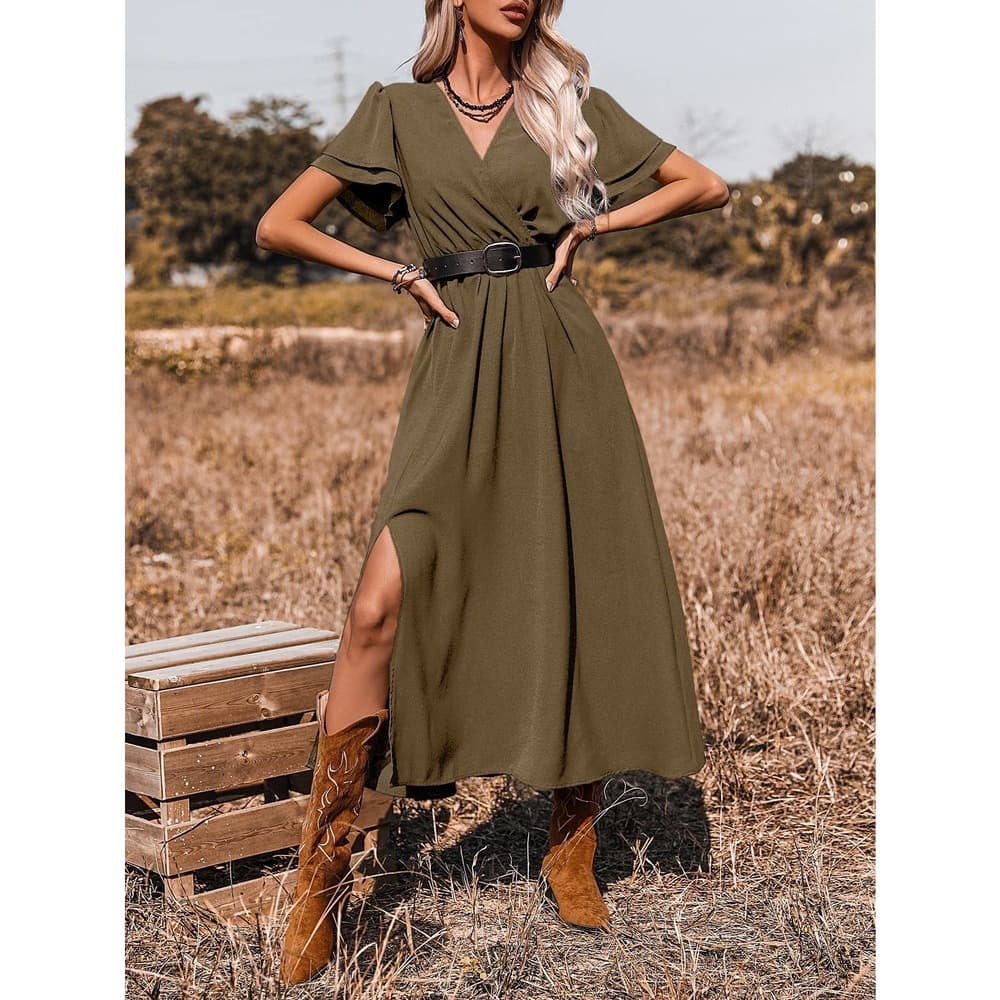 SHEIN X Stagecoach Surplice Front Split Thigh A-line Dress Without Belt - Thumbnail 2