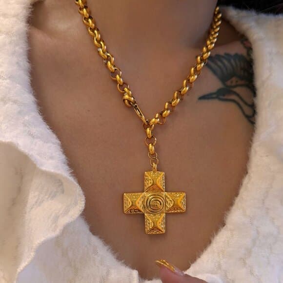 Titanium Steel 18k Gold Plated Retro Cross Plating Pendant Necklace - Thumbnail 9