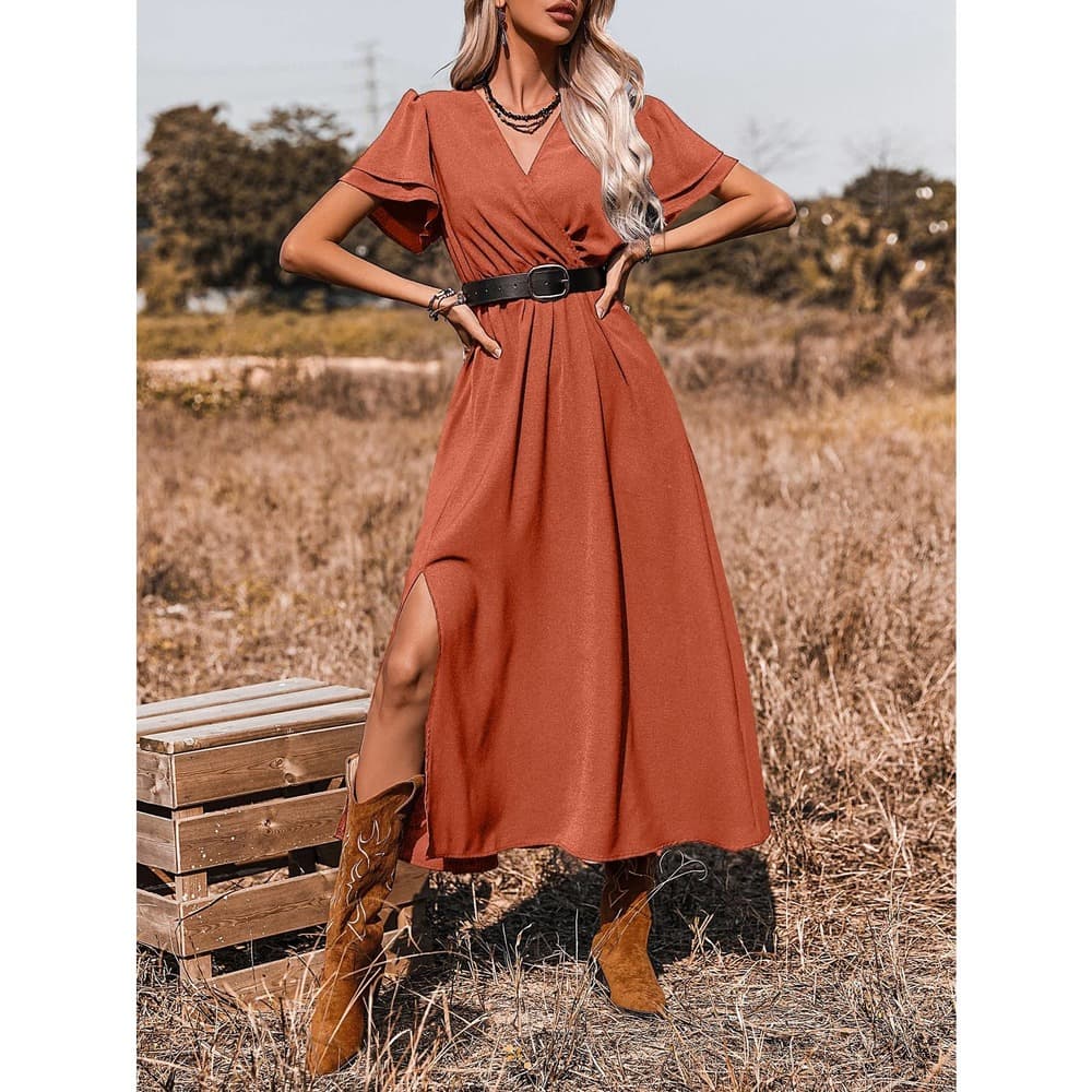 SHEIN X Stagecoach Surplice Front Split Thigh A-line Dress Without Belt - Thumbnail 6