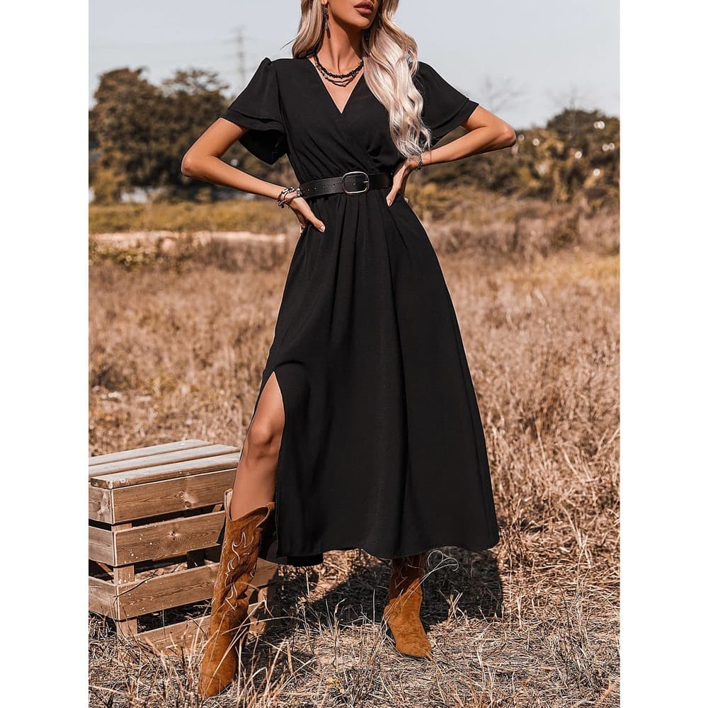 SHEIN X Stagecoach Surplice Front Split Thigh A-line Dress Without Belt - Thumbnail 11