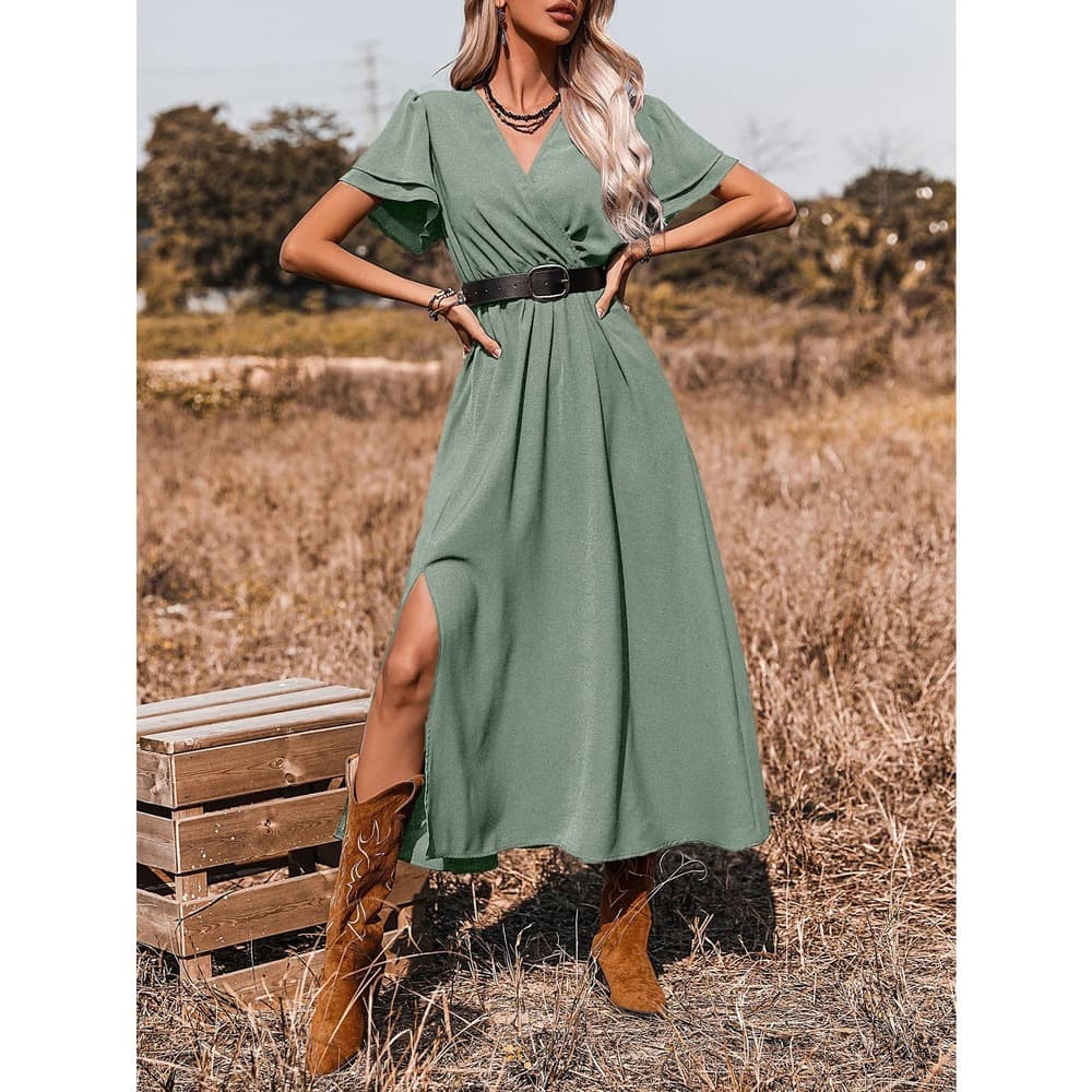 SHEIN X Stagecoach Surplice Front Split Thigh A-line Dress Without Belt - Thumbnail 4