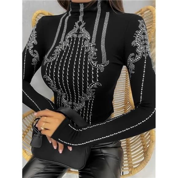 Elegant Women's Rhinestone High Neck Top - Casual Spring/Fall Knitwear - Thumbnail 6
