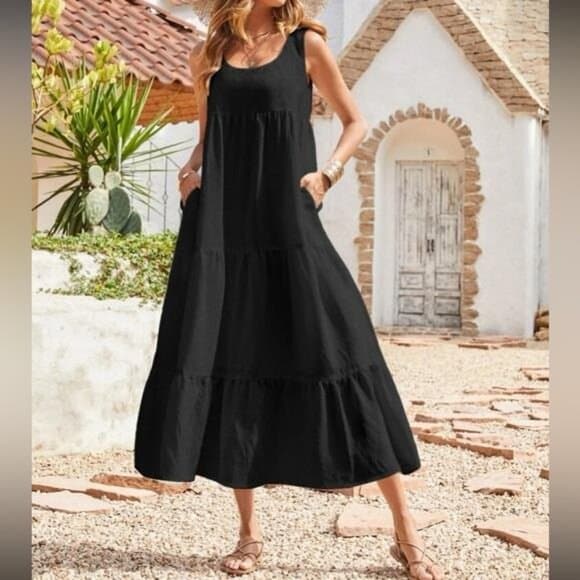 Black flounce hem smock maxi dress - Thumbnail 6