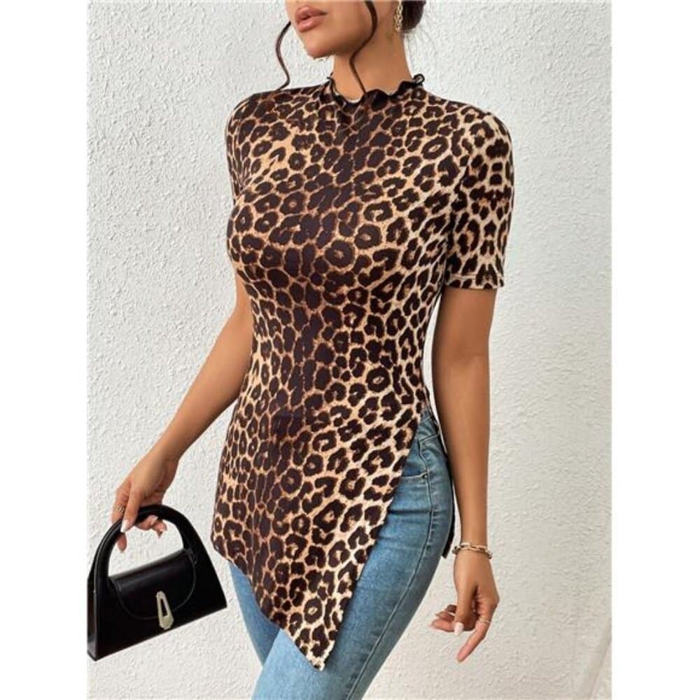 Leopard Top Casual & Commute Leopard Print Knitted High Elasticity Split Hem - Thumbnail 6