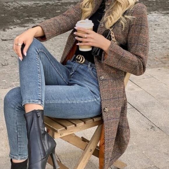 Tweed plaid brown casual trench coat jacket - Thumbnail 7