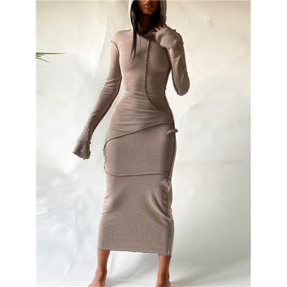 Chic Hooded Maxi Dress - Comfortable Long Sleeves & Stylish Stitch Detail - Thumbnail 17