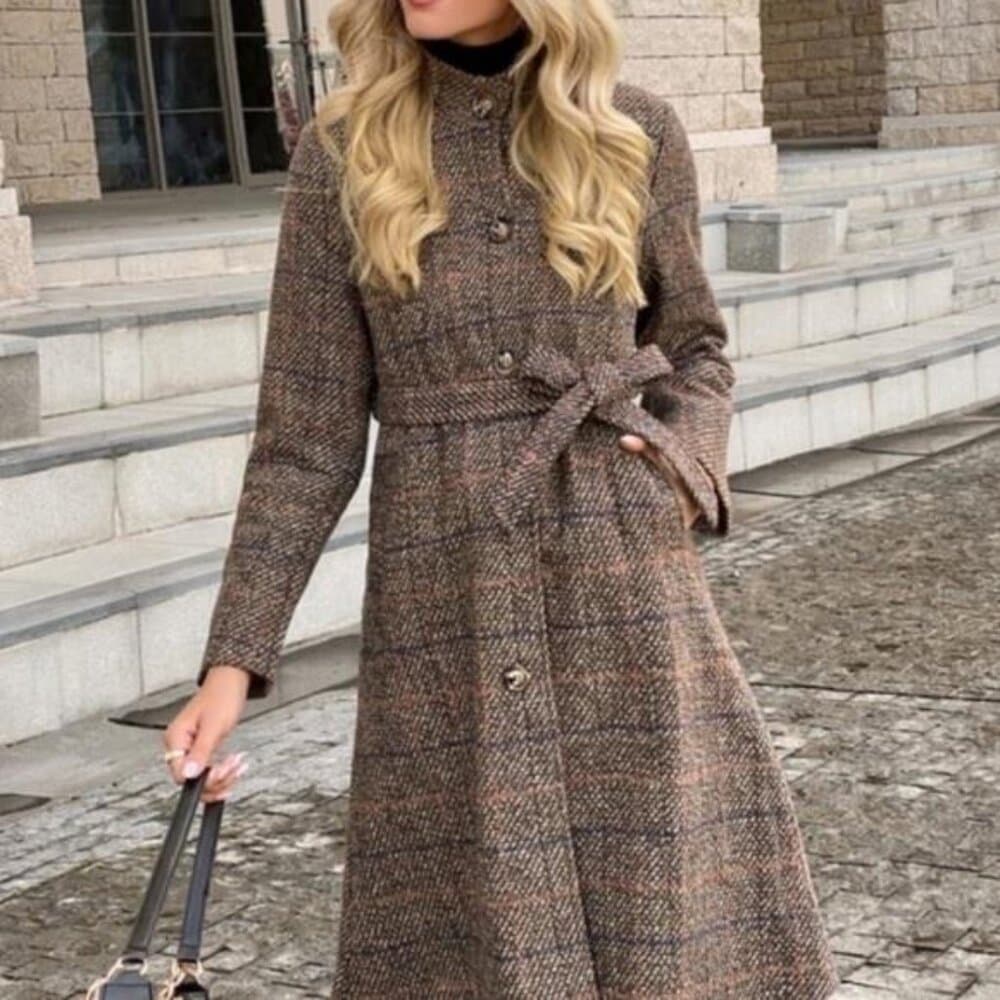 Tweed plaid brown casual trench coat jacket - Thumbnail 3