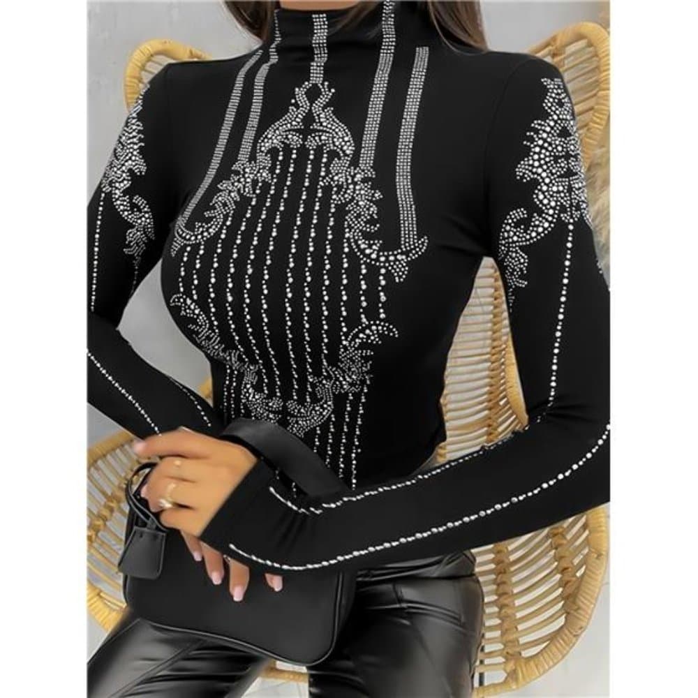 Elegant Women's Rhinestone High Neck Top - Casual Spring/Fall Knitwear - Thumbnail 5