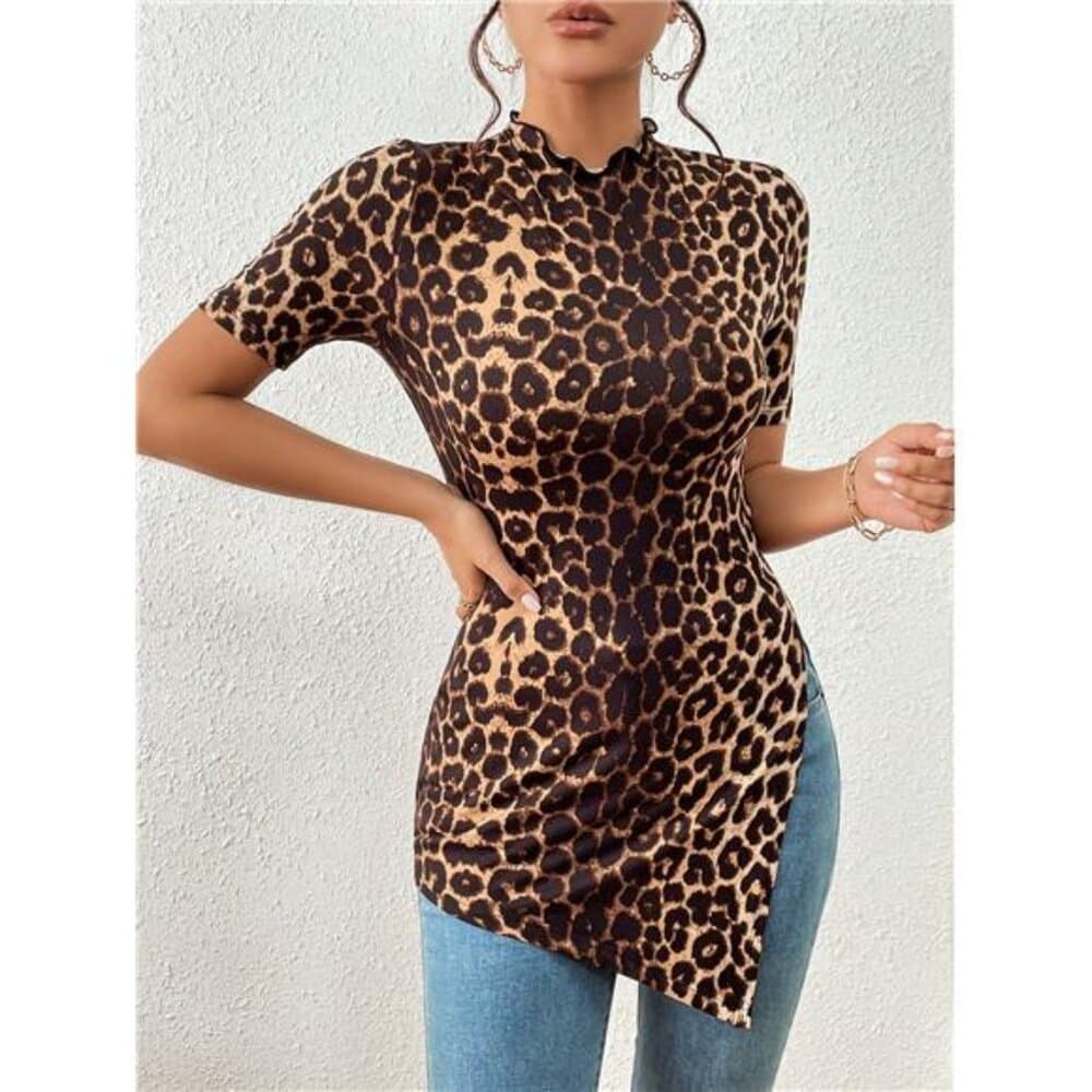 Leopard Top Casual & Commute Leopard Print Knitted High Elasticity Split Hem - Thumbnail 3