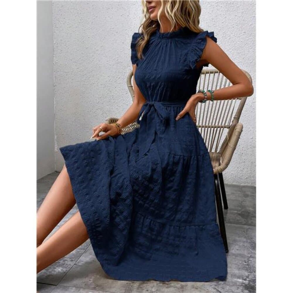 Frill Trim Belted Ruffle Hem Dress - Thumbnail 6