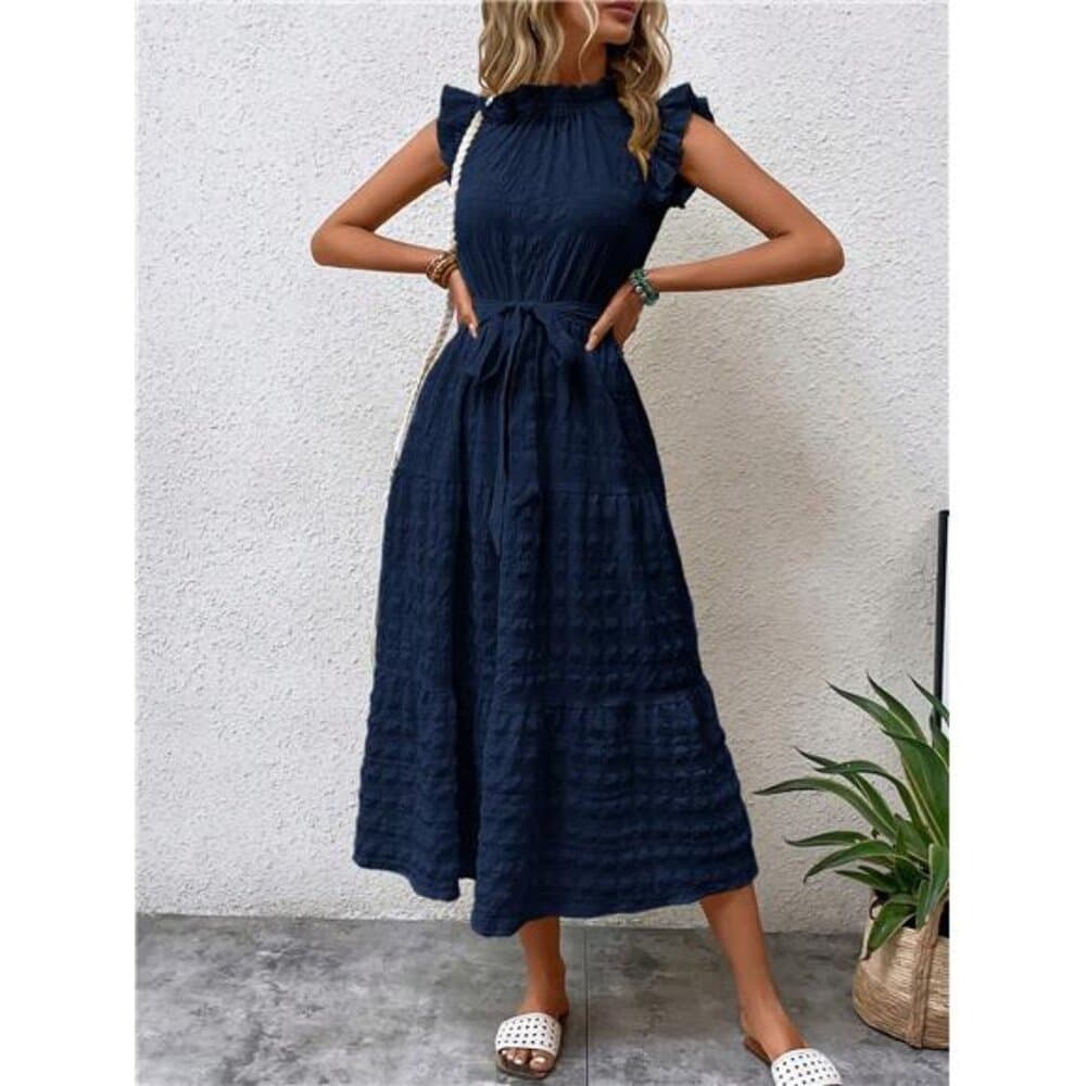 Frill Trim Belted Ruffle Hem Dress - Thumbnail 4