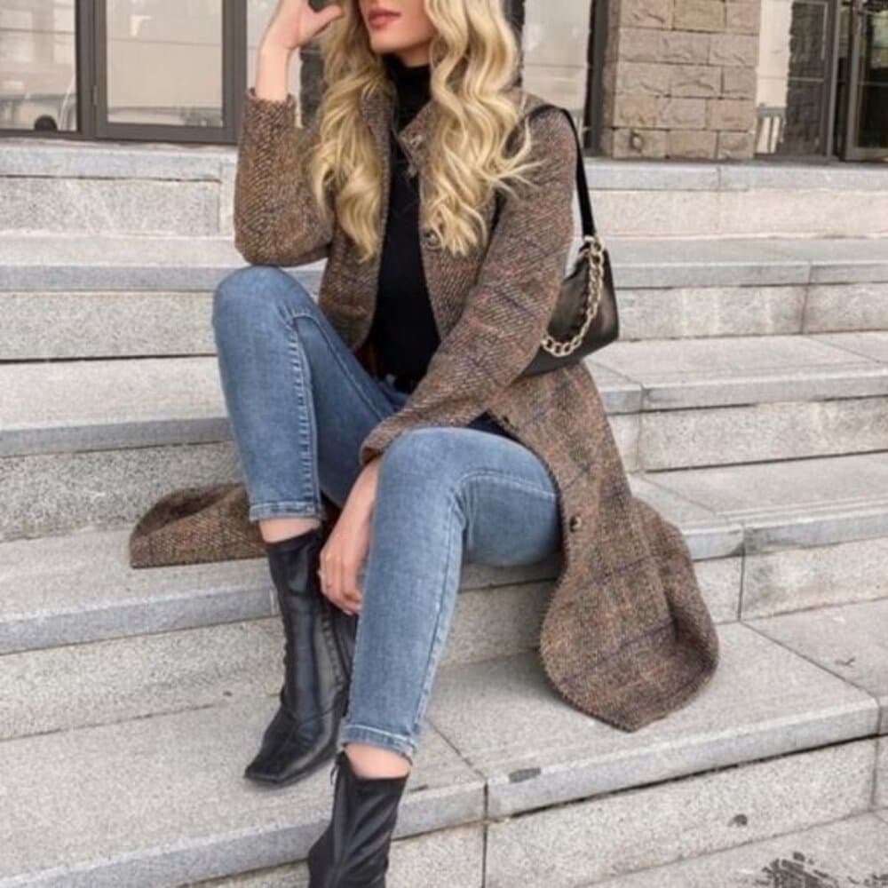 Tweed plaid brown casual trench coat jacket - Thumbnail 4