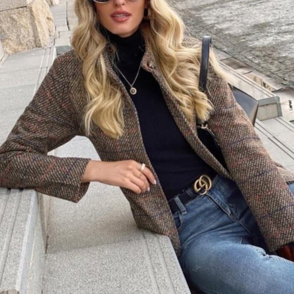 Tweed plaid brown casual trench coat jacket - Thumbnail 5