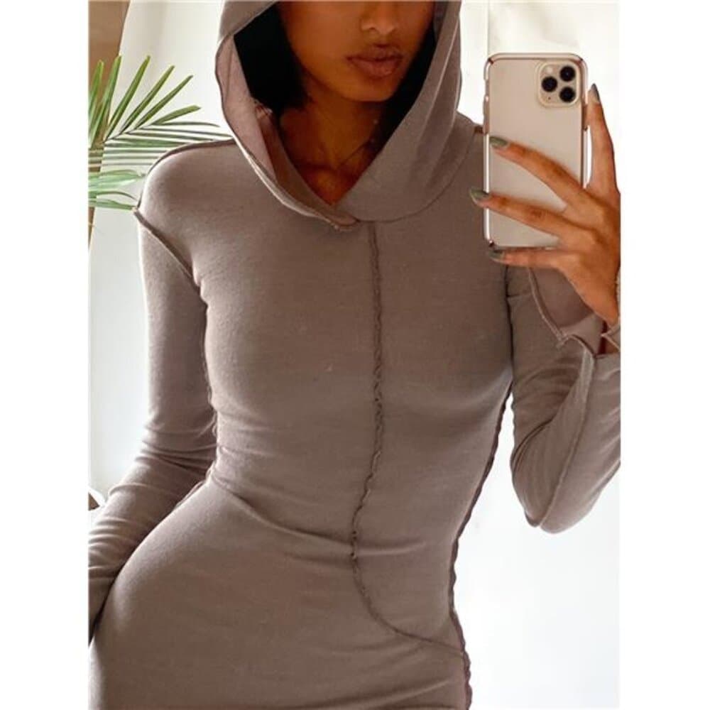 Chic Hooded Maxi Dress - Comfortable Long Sleeves & Stylish Stitch Detail - Thumbnail 2