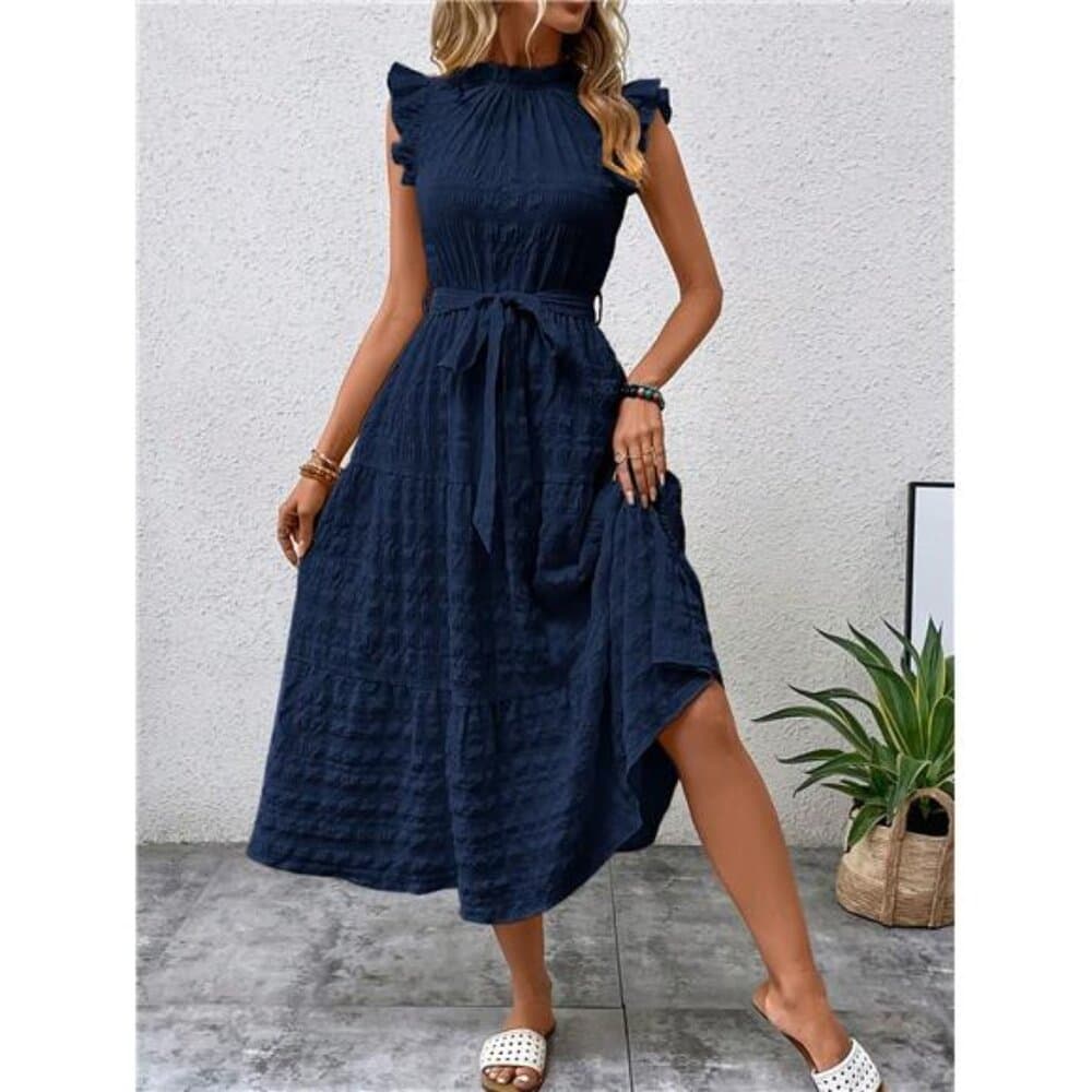 Frill Trim Belted Ruffle Hem Dress - Thumbnail 11