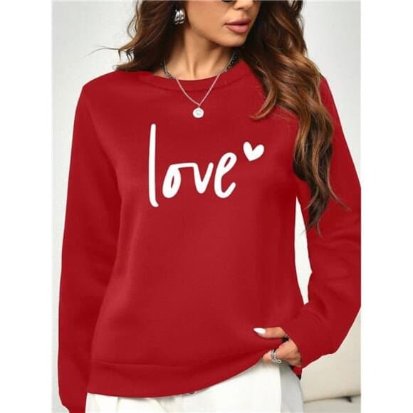 Red Women's 'love' Letter Heart-Shaped Pattern Printed Round Neck - Thumbnail 13