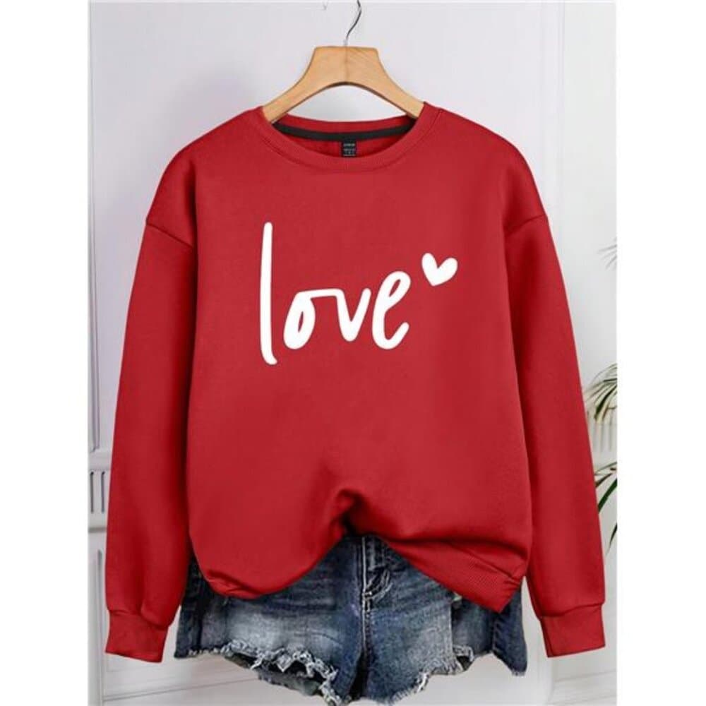 Red Women's 'love' Letter Heart-Shaped Pattern Printed Round Neck - Thumbnail 8