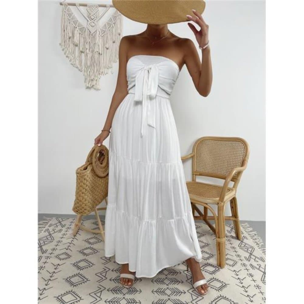 White Tie Front Shirred Ruffle Hem Tube Dress - Thumbnail 4