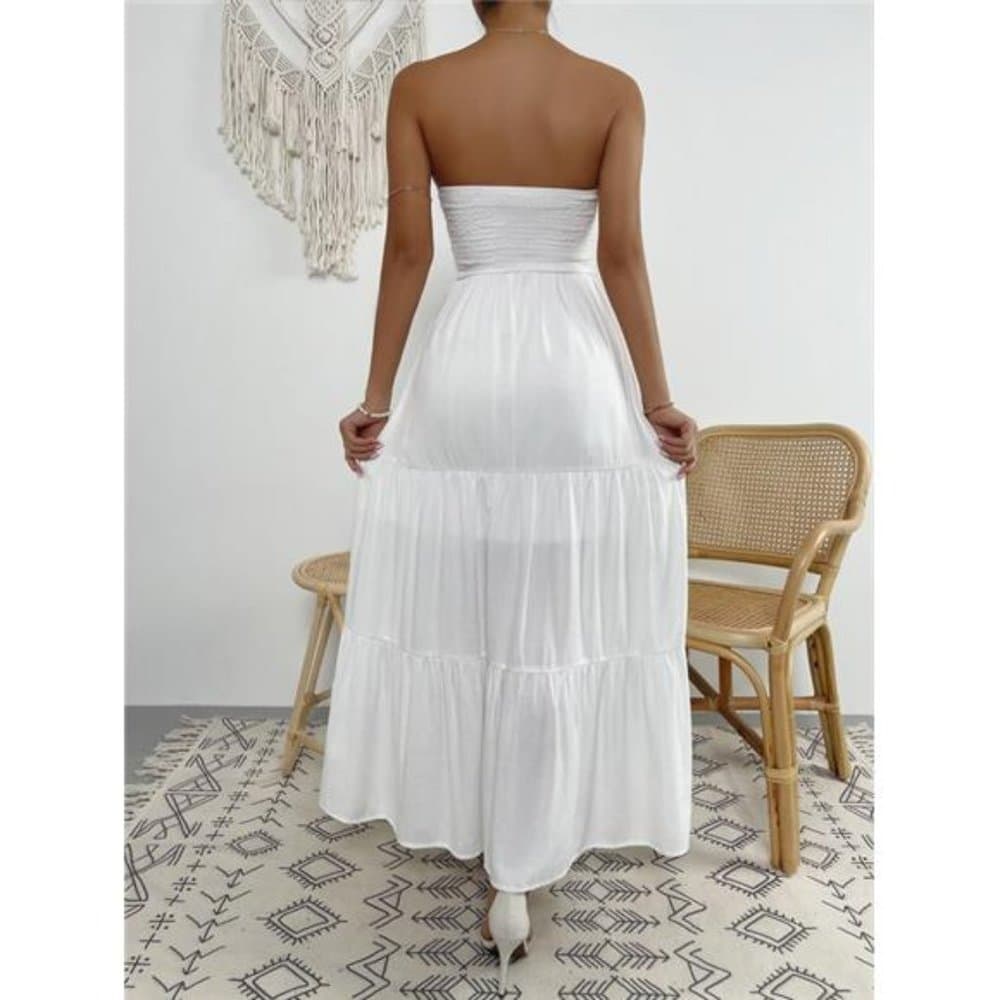 White Tie Front Shirred Ruffle Hem Tube Dress - Thumbnail 3