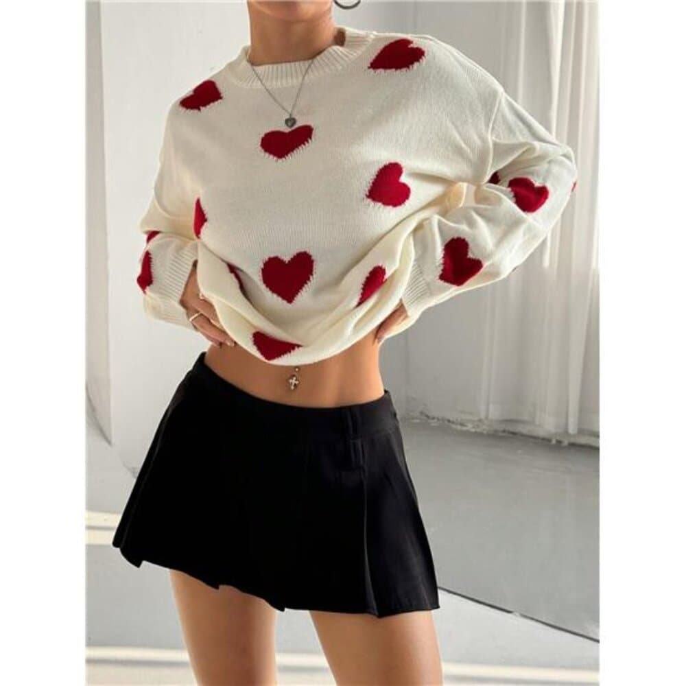 Colorblock Heart Graphic Loose Pullover Sweater, Casual For Autumn/Winter - Thumbnail 4
