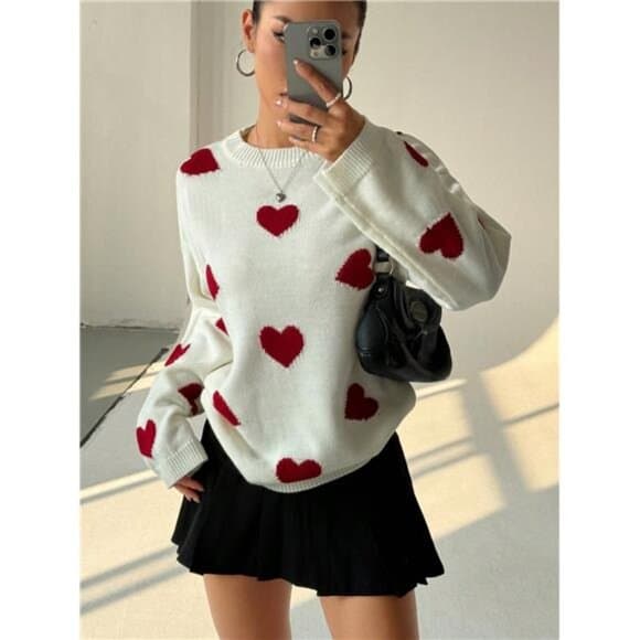 Colorblock Heart Graphic Loose Pullover Sweater, Casual For Autumn/Winter - Thumbnail 6