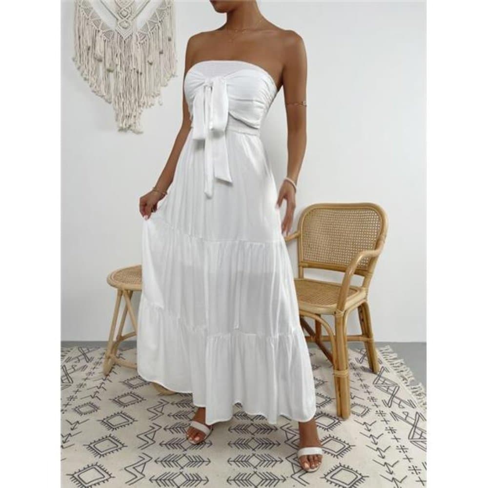 White Tie Front Shirred Ruffle Hem Tube Dress - Thumbnail 5