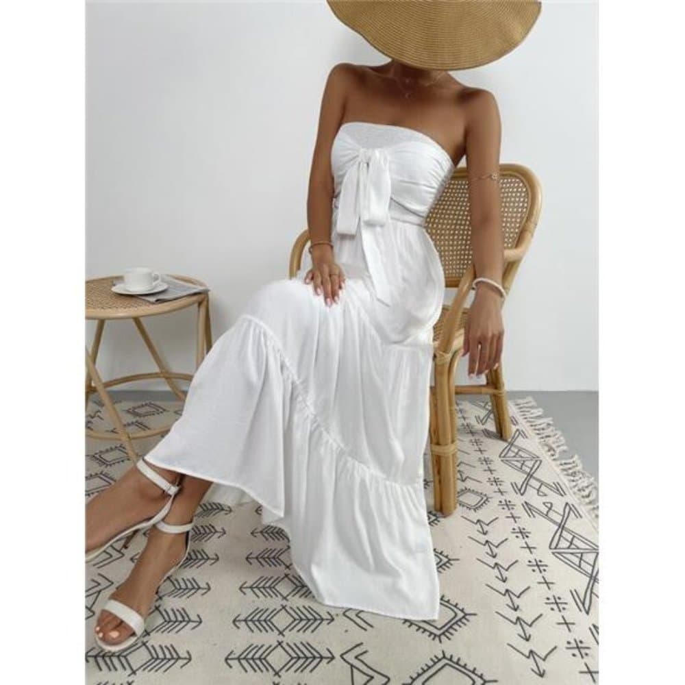 White Tie Front Shirred Ruffle Hem Tube Dress - Thumbnail 2