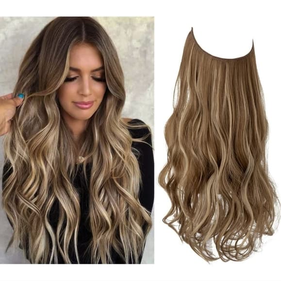 Brown Blonde 20" long synthetic straight hair extensions halo wire fish … - Thumbnail 12