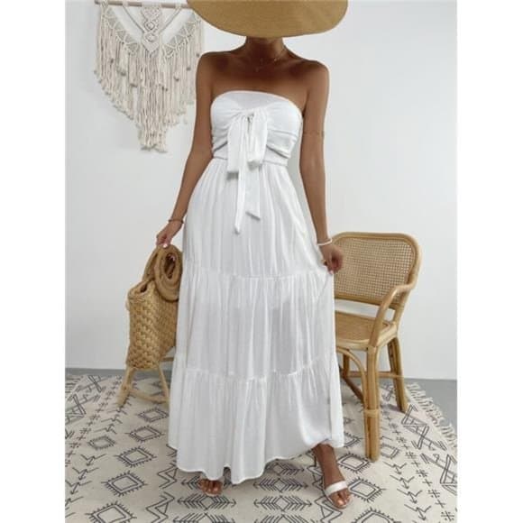 White Tie Front Shirred Ruffle Hem Tube Dress - Thumbnail 7